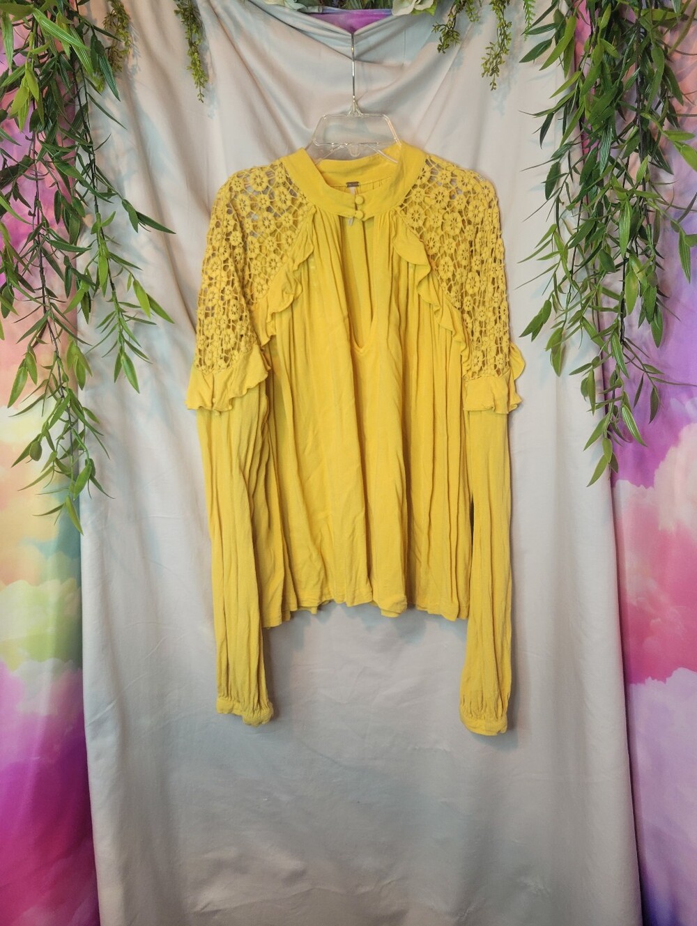 Free People Bright Yellow Crochet Shoulder Lace Ruffle Blouse